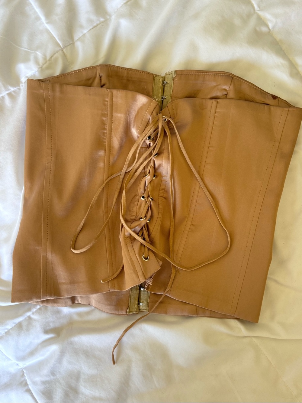Edikted Satin Lace Up Corset Top Tan Brown Strapless Bustier Size M Y2K